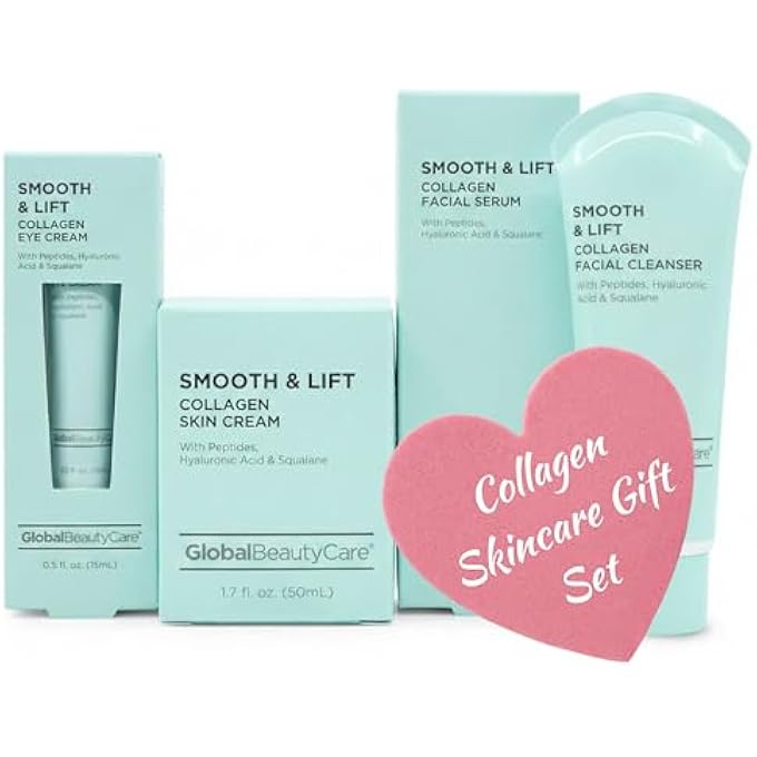 SMOOTH & LIFT COLLAGEN SKIN CARE SET - HYDRATING & FIRMING FACIAL CLEANSER, SERUM, EYE CREAM & FACE CREAM WITH PEPTIDES & HYALURONIC ACID, COMPLETE FACE CARE ROUTINE, 4-PIECE SET